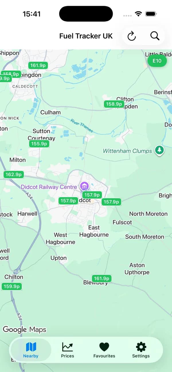 Fuel Tracker UK on iPhone, showing nearby stations and their prices